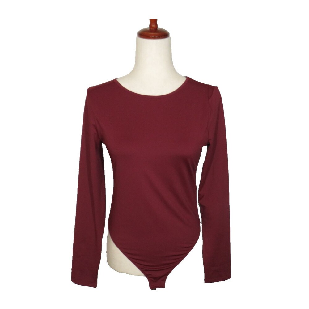 Halara Burgundy Silky Stretchy Round Neck Long Sleeve Bodysuit Size Medium
